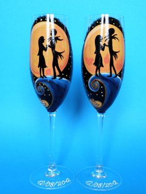 Personalized Champagne glasses Jack and Sally and Yellow Moon