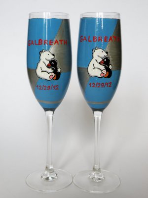 Personalized Champagne glasses Wedding theme Penguin and White Bear