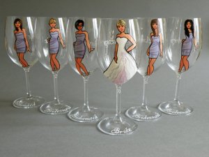 Bridal shower party Personalized Wine glasses Portraits and bridesmaids dresses