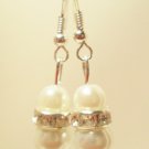 White faux pearl dangle earrings with Rondelle rhinestone bead