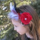 Red chiffon flower with pearls and feathers