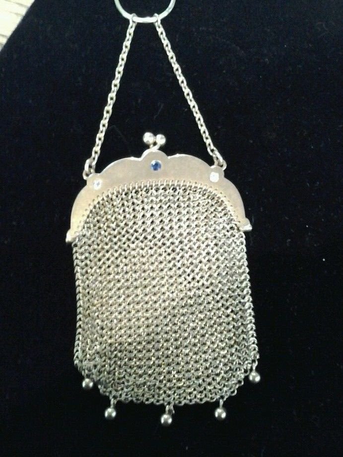 Antique Edwardian Chain Mail Coin Purse SOLID 14K Gold w/ Diamond+Sapphire WOW!