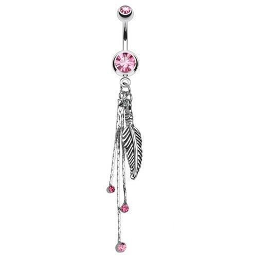 Feather and Chains with Pink CZs Dangle Navel Ring