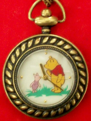 New Disney Winnie the Pooh Pendant Watch! W/Piglet & Leather Heart Holder! HTF!