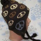 Peace Ear Flap Winter Hat,Ski,Beanie,Pom,Stocking,Toboggan,Hippie,# 320 Brown