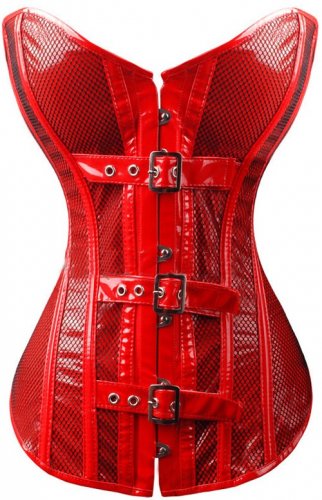 Glossy PVC Vinyl Buckles Corset red M