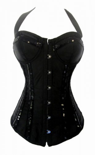 Sequin Panels Satin U/W Halter Corset black 1xl/2xl