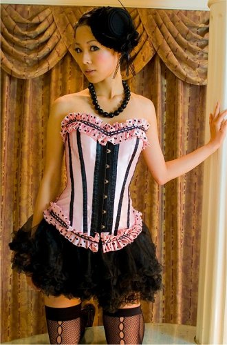 Dotted Trim Satin Corset & Skirt pink/black 1xl/2xl