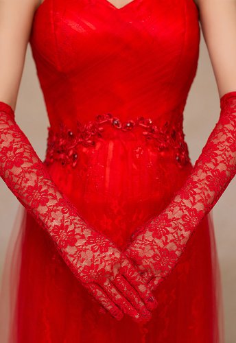 Elbow Length Lace Gloves red