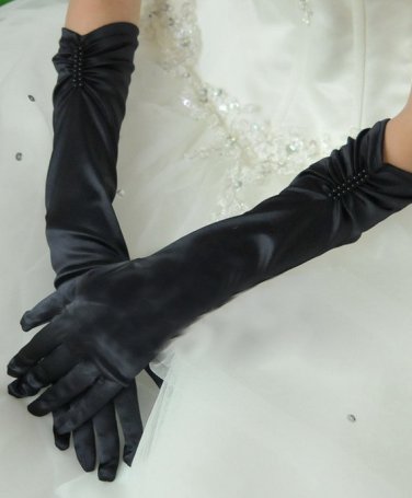 Stretch Satin Gloves with Bead String black
