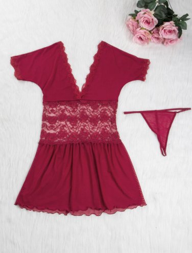 V-Neck Mesh and Lace Babydoll red 1xl/2xl