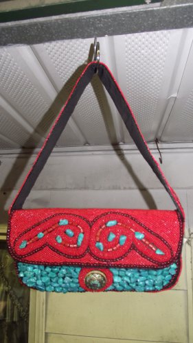 Hemp Red and turquoise beaded Handbag