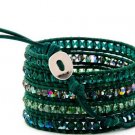 Hot  Sell  crystal beads Handmade on Green leather 5 wrap bracelet CL-62