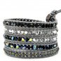Hot  Sell  crystal beads Handmade on Gray leather 5 wrap bracelet CL-63