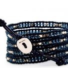 crystal beads Handmade on Black leather 5 wrap bracelet CL-102