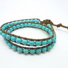 Turquoise beads Handmade on Brown leather wrap bracelet With 925s Button CL-129