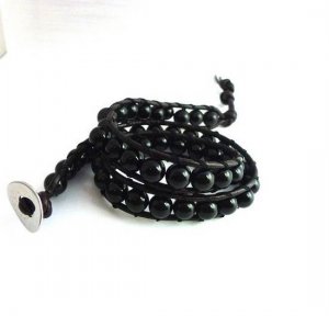 New  Agate Beads Leather Wrap Cuff Bracelet-CL034