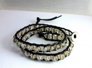 New Crystal Beads Leather Wrap Cuff Bracelet-CL042
