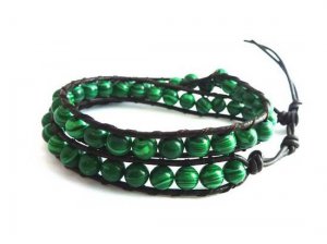 New  Malachite Beads Leather Wrap Cuff Bracelet-CL047