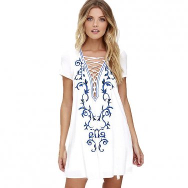Hippie Loose Casual Mini Dress Vintage Ethnic Bodycon