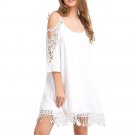 Crochet Hollow Out Lace Three Quarter Sleeve Loose Black White Tassel Dress