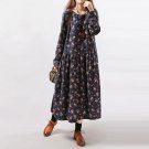 Casual Long Sleeve Cotton Linen Maxi Dress Swing Floral Big Size Dress