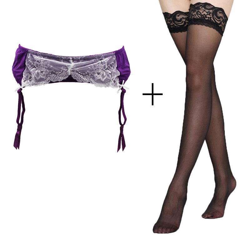 Strappy Purple Lace Cami Garter Set With Stockings main image 1