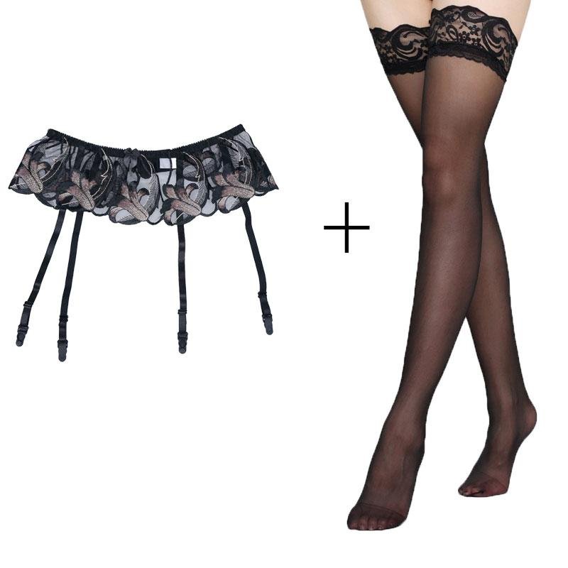 Black Garters Embroidery Floral Sexy Garter Belts with Black stocking