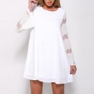 Women Mini Dress O-neck Bell Sleeve Lace Hollow Out Splice Long Shirt Dresses Patchwork Oversized Ca