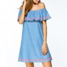 2017 Fashion Womens Sexy Slash Neck Flouncing Off Shoulder Summer Casual Denim Blue Party Mini Dress