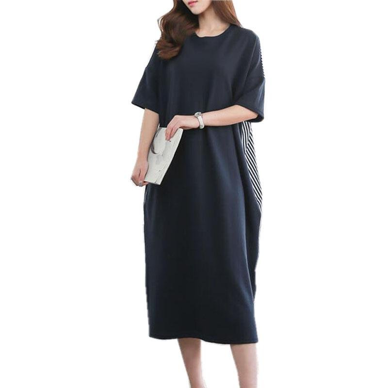 2017 Fashion Womens Round Neck Short Sleeve Summer Casual Striped Splice Loose Midi Dress Beach Vest