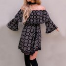 2017 Autumn Women Dress Vintage Print Lace Patchwork Flare Sleeve Mini Dress Sexy Off Shoulder Slash