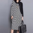 2017 Autumn Fashion Women Stand Collar Bat Long Sleeve Striped Patchwork Casual Loose Calf-Length Lo