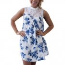 2017 Beachwear Summer Dress Women Sleeveless Blue Floral Printed Lace Splice Casual Beach Evening Su