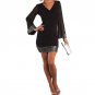 Womens Fashion Sequins Party Dresses Long Sleeve Dress V Neck Casual Clubwear Patchwork Black Short