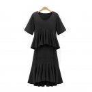 Women Fashion Patchwork Pleated Dress 2017 Loose Mid Calf Ruffles Cake Summer Dress Ladies Elegant S