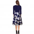 Autumn Women Midi Dresses V-Neck Three Quarters Sleeve Patchwork Floral Printed Flower Dress Casual 
