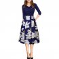 Autumn Women Midi Dresses V-Neck Three Quarters Sleeve Patchwork Floral Printed Flower Dress Casual