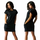 Solid Work Wear Summer Dress Fashion Short Sleeve Beach Casual Evening Party Short Mini Dress with P