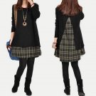 2017 Autumn Winter Women Plaid Spliced Short Dress Long Sleeve Round Neck Loose Casual Party Female 