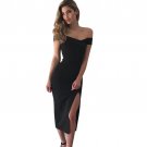 2017Super Sexy Summer Dress Women Off Shoulder Boat Neck Sleeveless Slim Cocktail Split The Fork Lrr