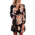 Women Floral Printing V Collar Dress Long Sleeve Mini Dress Fit and Flare Party Dress with Sashes ve
