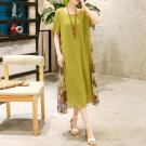 2017 Women Summer Dresses Cotton Linen Loose Patchwork Short Sleeve Floral Print O-Neck Orange Green