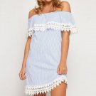 2017 New Women Off Shoulder Slash Neck Dress Fashion Sexy Ladies Lace Patchwork Backless Striped Pri