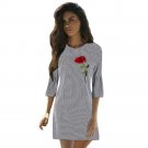 Rose Embroidery Autumn Dress Women Casual Stripe Bodycon Three Quarter Sleeve Evening Party Short Mi
