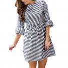 Vintage Puff Sleeve Autumn Dress Women Stripe Printing Half Sleeve Loose Mini Dress robe femme ete 2