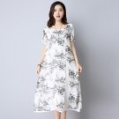 Vintage Women Floral Print Cotton Linen Patchwork Long Summer Dress Elegant O-neck Short Sleeve Casu