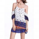Women National Wind Dress Retro Printed Sling Off Shoulder Short Sleeve Loose Cotton Round Neck Stra