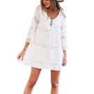 2017 Summer Dress Women Hollow Out Three Quarter Sleeve Loose Lace Short Boho Beach Mini White Dress