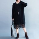 New Womens Long Sleeve Lace Crochet Stitching Party Long Tops Midi Dress Fall Round Neck Loose Casua